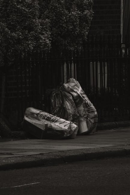 A black wheeled rubbish bin positioned on the pavement beside a street at night, with the label 'ST. JOHN'S' visible on the front. The bin’s lid is open, revealing mixed waste materials such as paper,